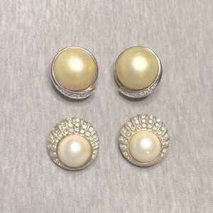 2 Vintage Faux Pearl and Rhinestone GoldTone Clip on Earrings Panetta + Vendome